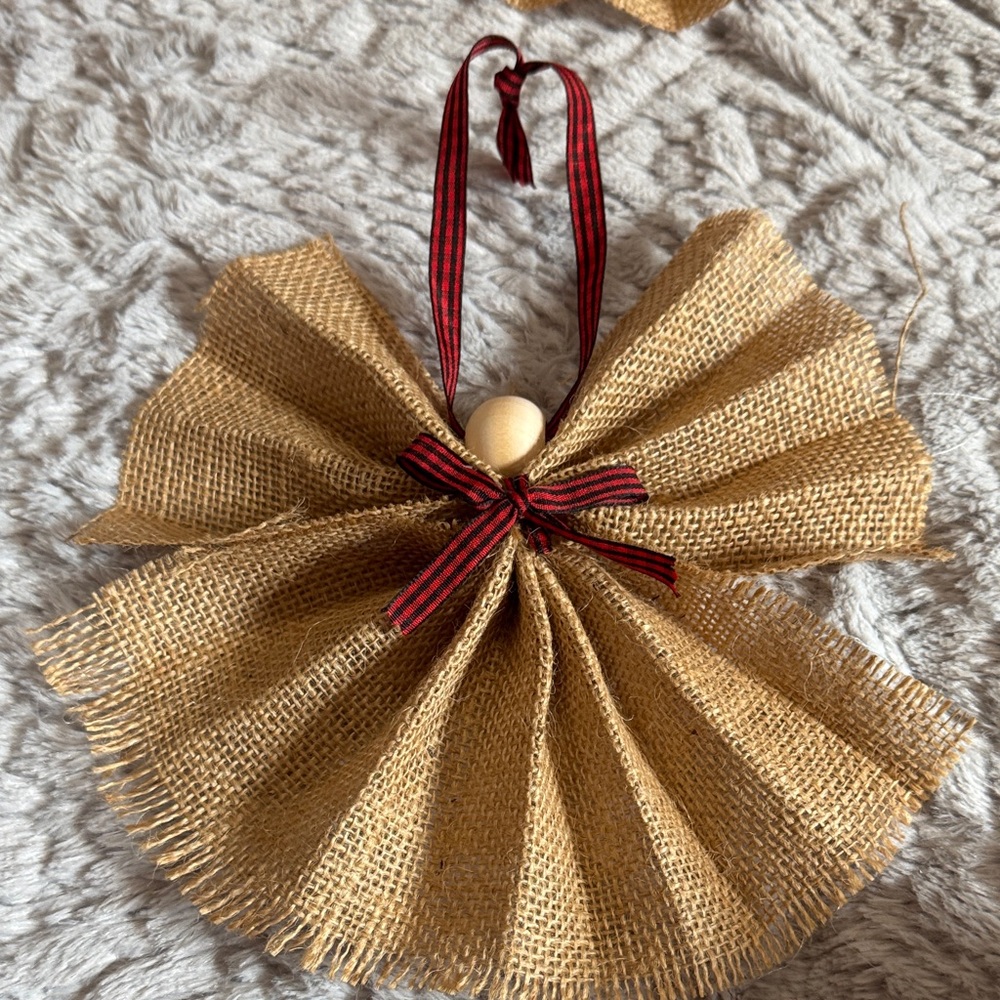 Rustic Burlap Angel Ornament with Red Ribbon